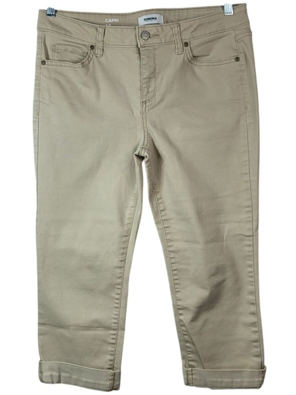Sonoma Womens Capri Jeans Tan Size 12 Zipper Pockets Rolled Cuffs Straight Leg